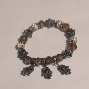 Silver and Brown Translucent Pave Beaded Evil Eye Hamsa Charm Bracelet